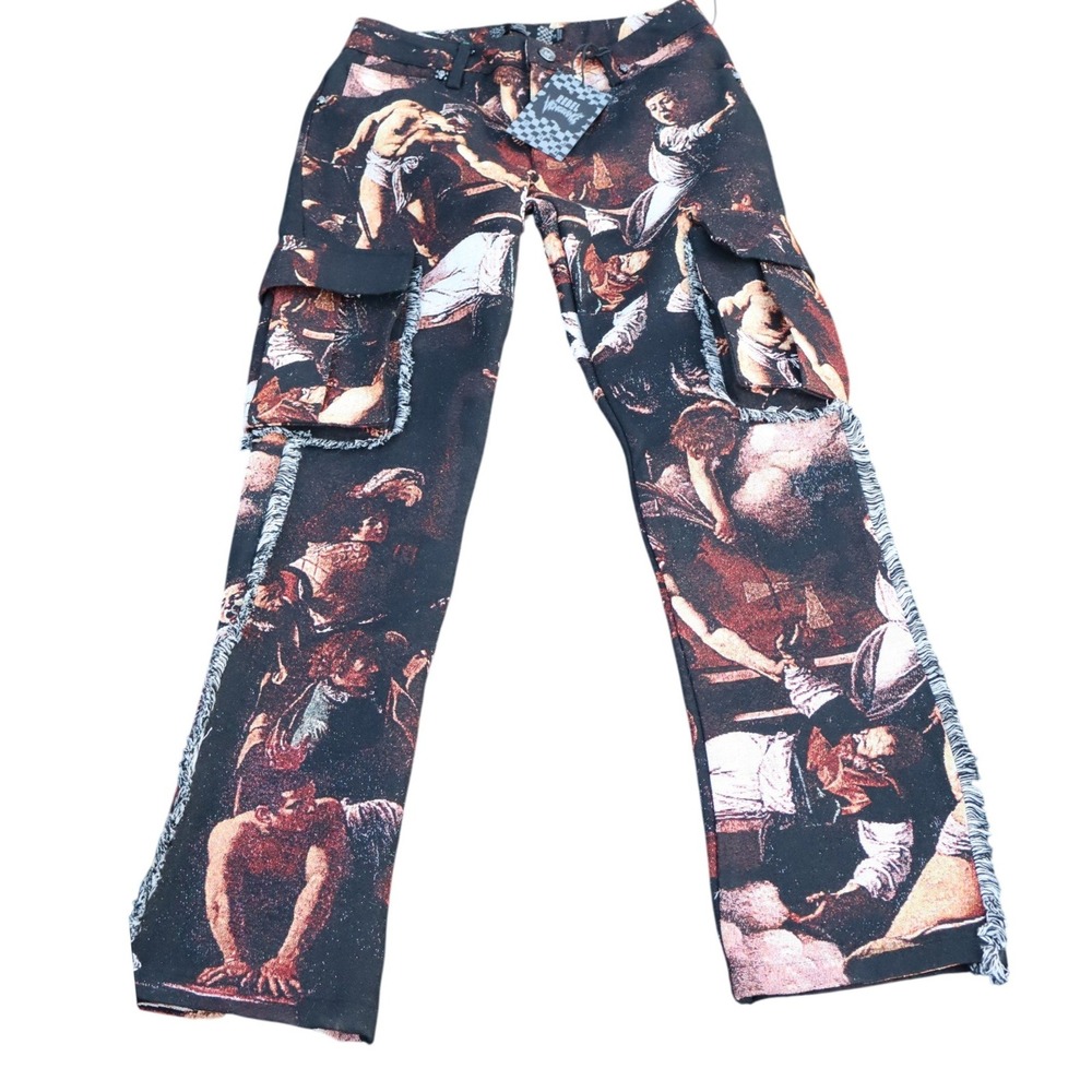 Rebel Vengeance Renaissance Tapestry Cargo Pants Woven Frayed Edge Mens 28 NEW